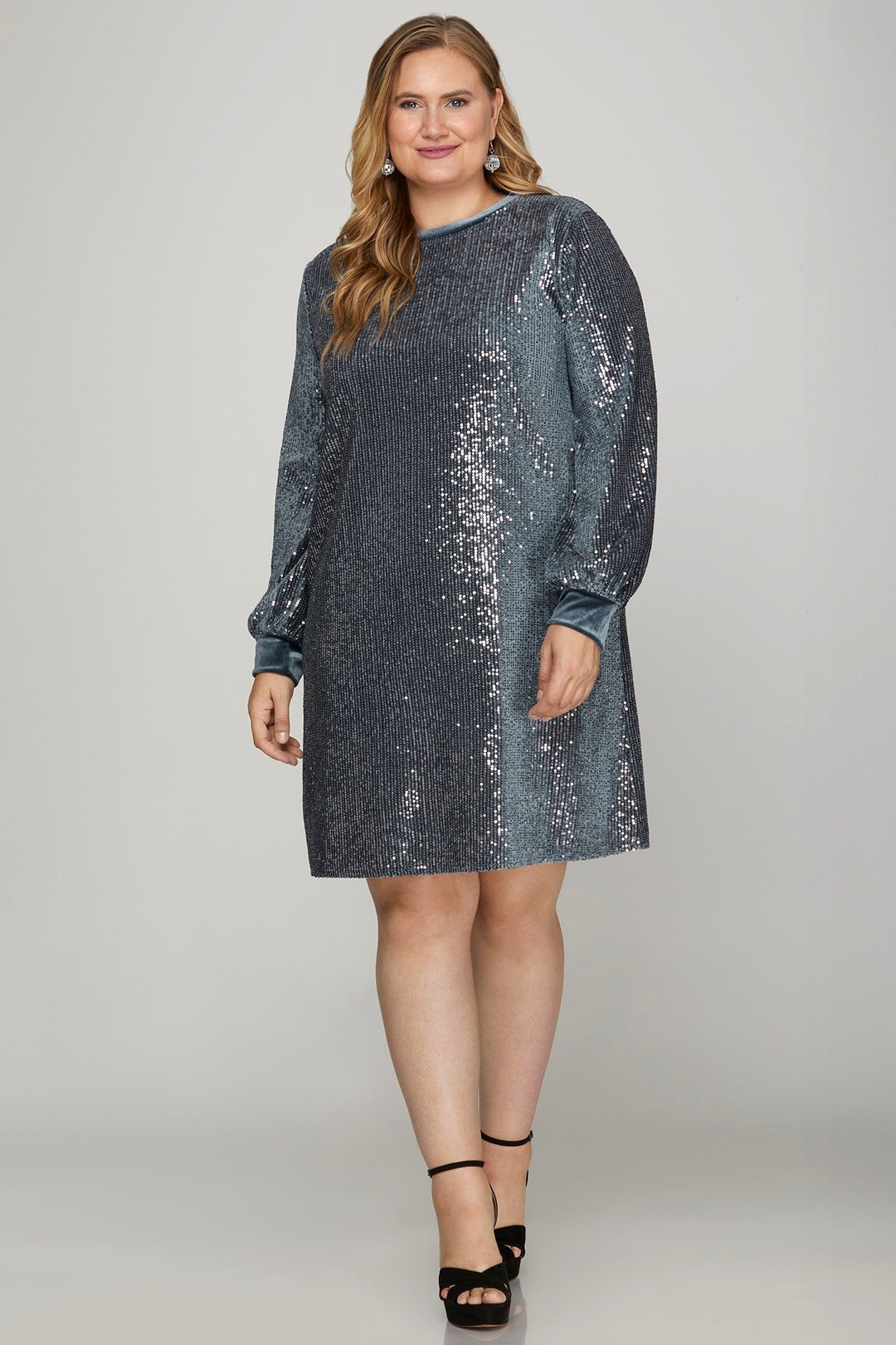 BLUE GREY SEQUIN ROUND NECK VELVET CONTRAST PLUS SIZE MINI DRESS SPSY7835 BLUE GREY SEQUIN ROUND NECK VELVET CONTRAST PLUS SIZE MINI DRESS SPSY7835