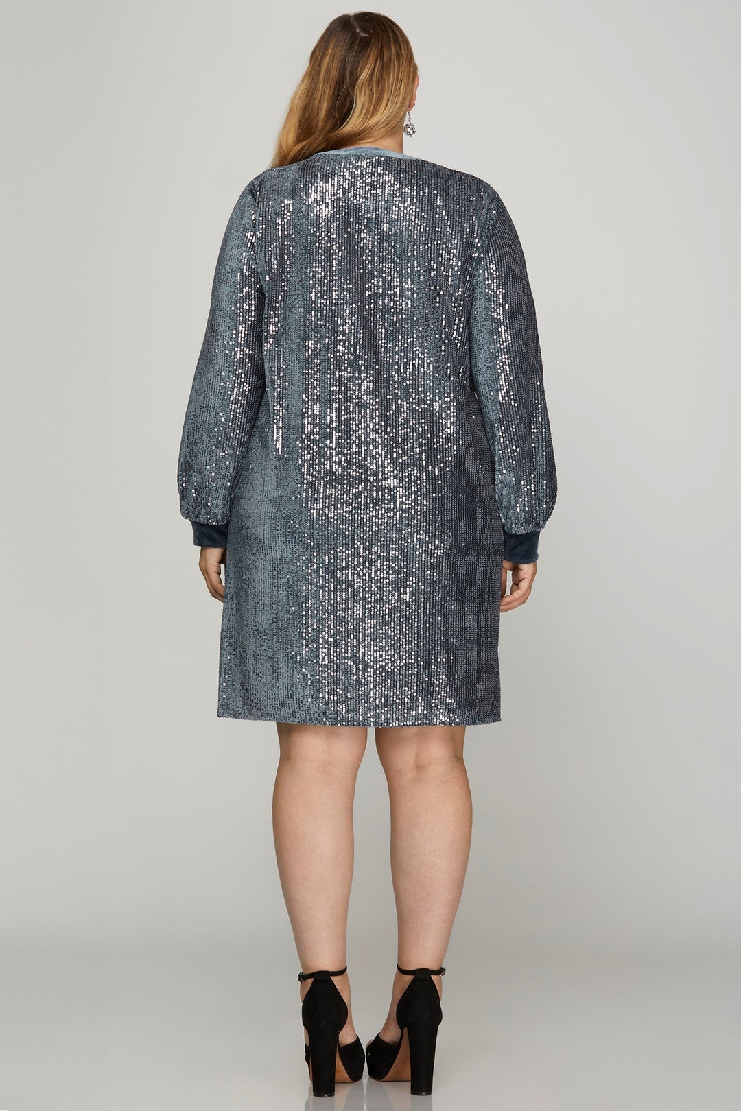 BLUE GREY SEQUIN ROUND NECK VELVET CONTRAST PLUS SIZE MINI DRESS SPSY7835 BLUE GREY SEQUIN ROUND NECK VELVET CONTRAST PLUS SIZE MINI DRESS SPSY7835