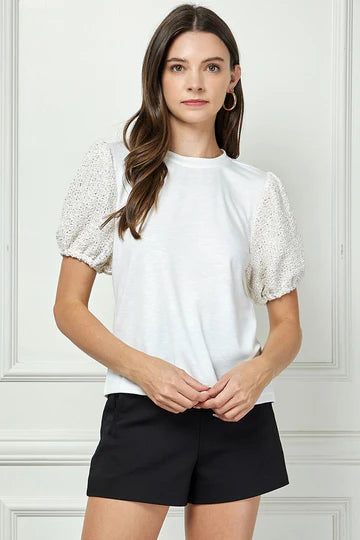 ROUND NECK SEQUIN PUFF SHORT SLEEVES DETAILED KNIT TOP AVT51169K