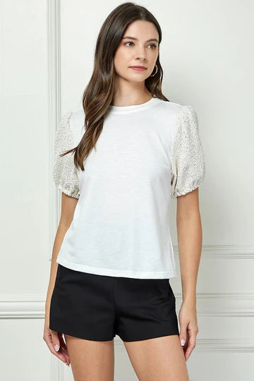 ROUND NECK SEQUIN PUFF SHORT SLEEVES DETAILED KNIT TOP AVT51169K