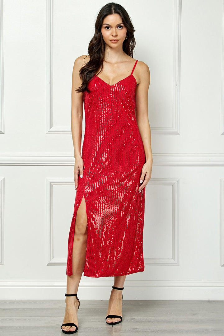 RED SEQUIN SPAGHETTI STRAP RIGHT LEG SLITS MIDI DRESS AVM51914W