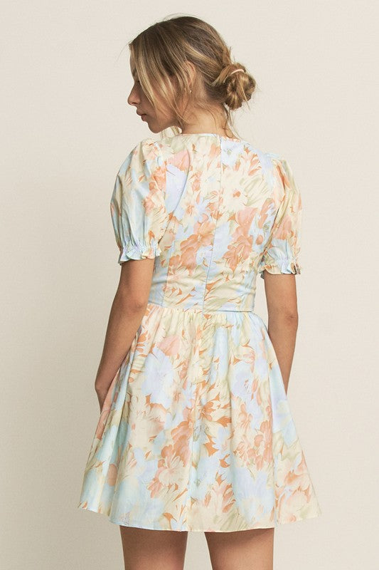 LT. BLUE PUFF SLEEVES SMOCKING WAIST MINI DRESS HYHD0148