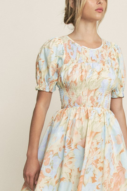 LT. BLUE PUFF SLEEVES SMOCKING WAIST MINI DRESS HYHD0148