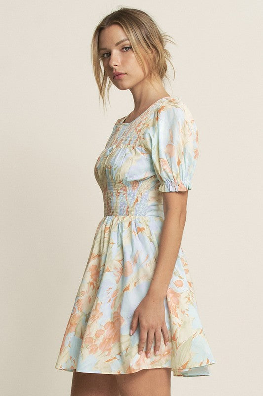 LT. BLUE PUFF SLEEVES SMOCKING WAIST MINI DRESS HYHD0148