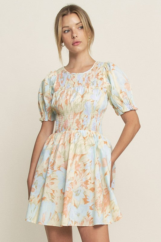 LT. BLUE PUFF SLEEVES SMOCKING WAIST MINI DRESS HYHD0148