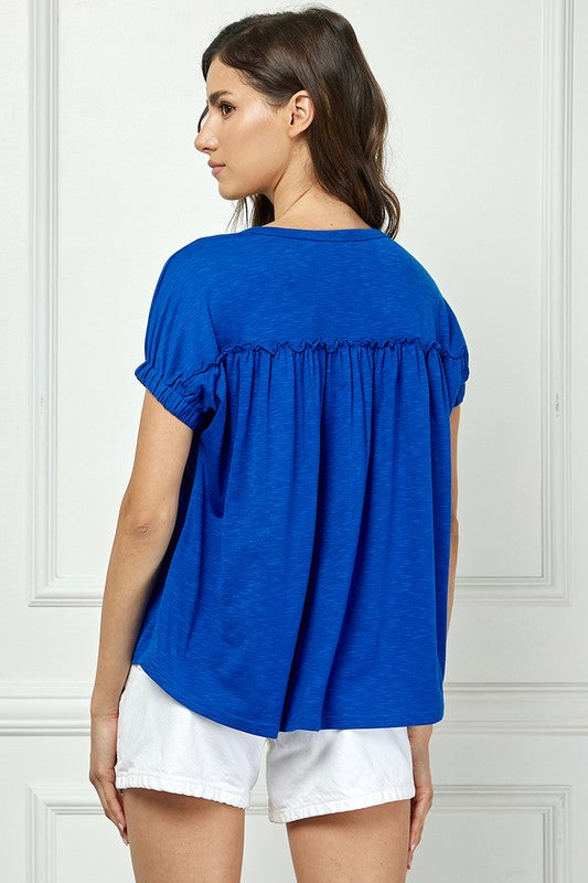 ROYAL BLUE RUFFLED BUTTON DOWN KNIT BLOUSE TOP AVT51989WK