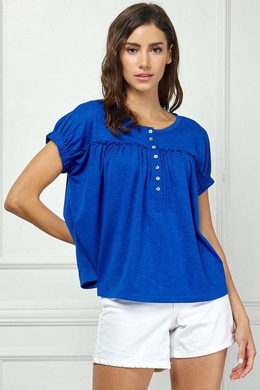 ROYAL BLUE RUFFLED BUTTON DOWN KNIT BLOUSE TOP AVT51989WK