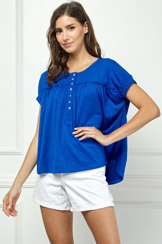 ROYAL BLUE RUFFLED BUTTON DOWN KNIT BLOUSE TOP AVT51989WK