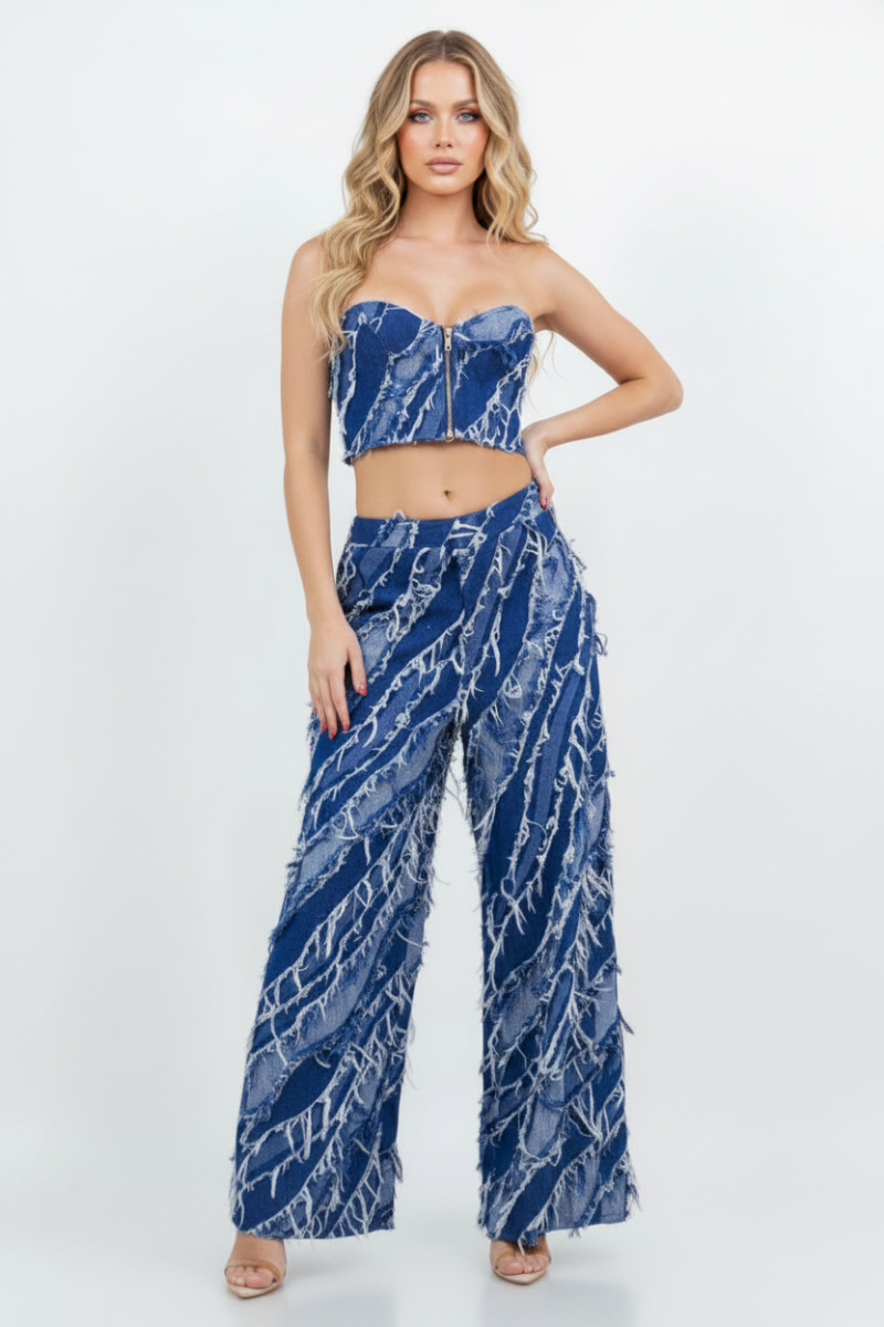 FRAYED FRINGE DENIM CROP TOP & PANTS SET-SLISJ3115