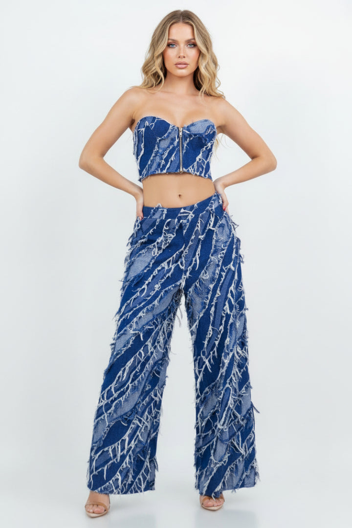 FRAYED FRINGE DENIM CROP TOP & PANTS SET-SLISJ3115