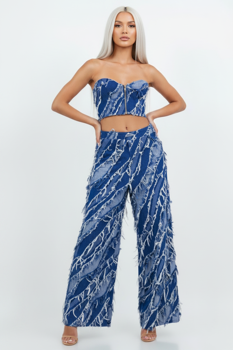 FRAYED FRINGE DENIM CROP TOP & PANTS SET-SLISJ3115