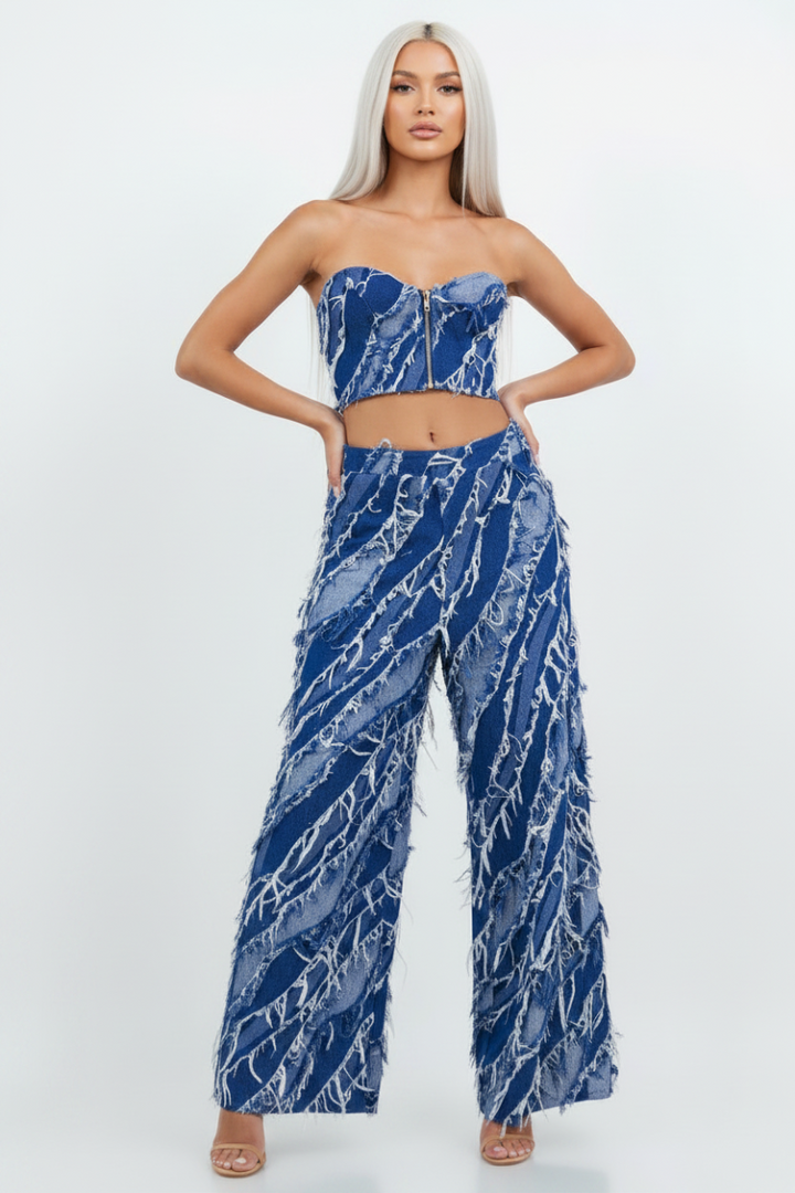 FRAYED FRINGE DENIM CROP TOP & PANTS SET-SLISJ3115