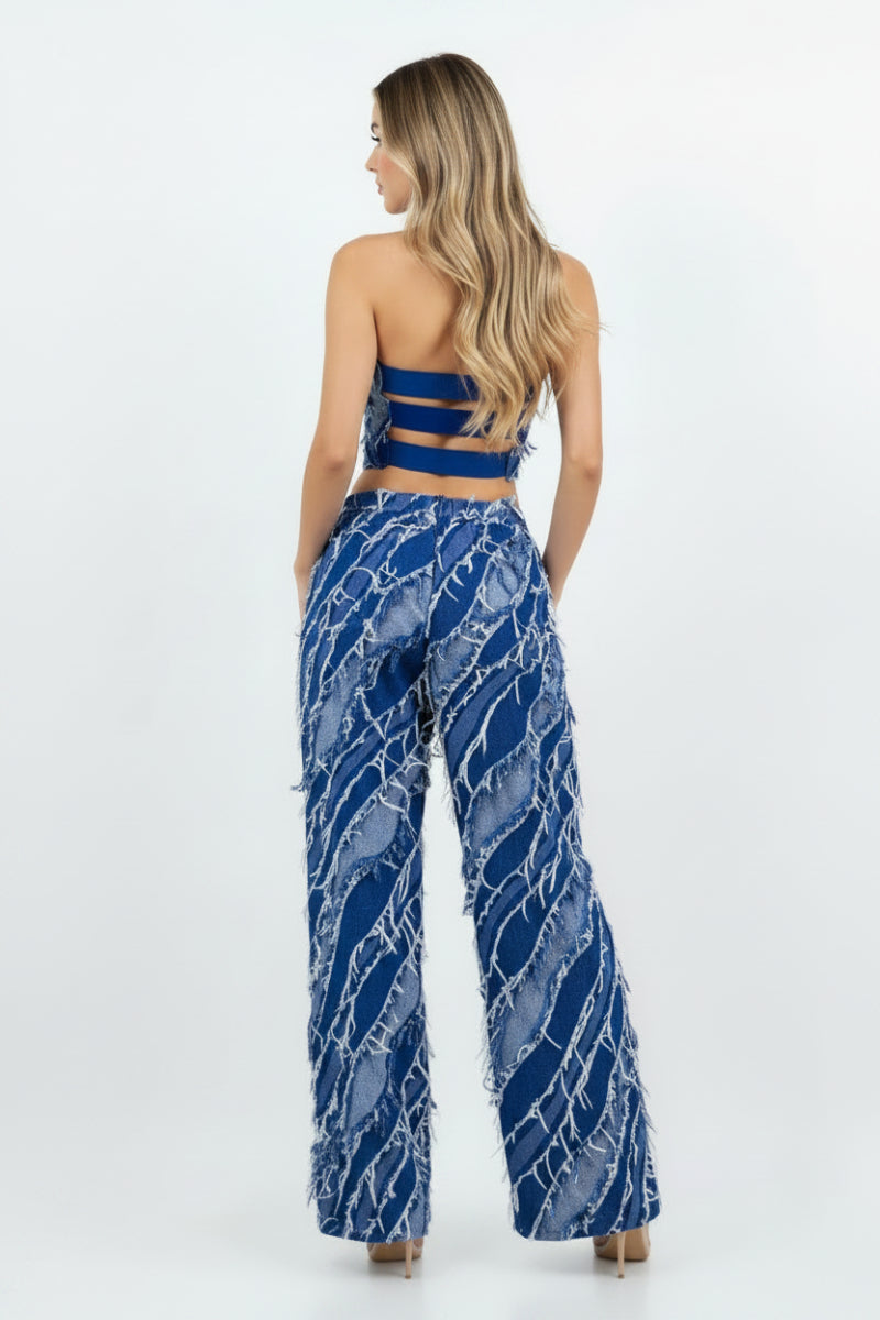 FRAYED FRINGE DENIM CROP TOP & PANTS SET-SLISJ3115