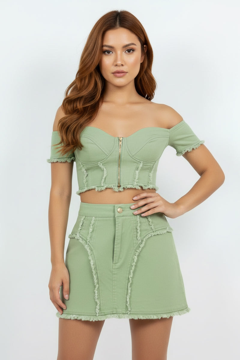 COLOR DENIM CROP TOP & MINI SKIRT SET