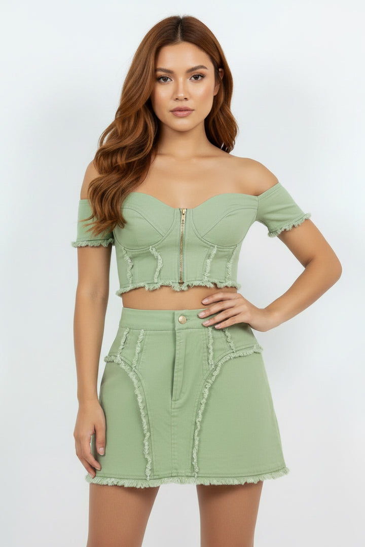 COLOR DENIM CROP TOP & MINI SKIRT SET