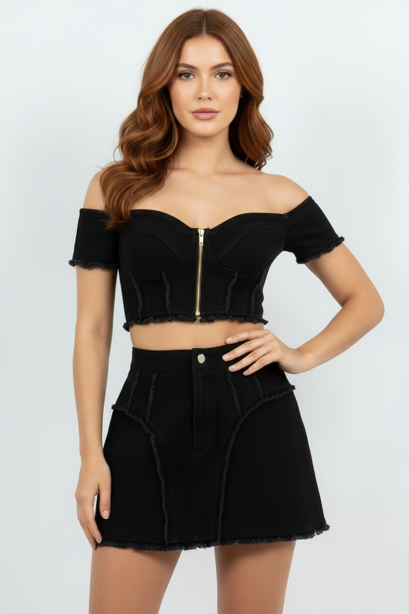 COLOR DENIM CROP TOP & MINI SKIRT SET