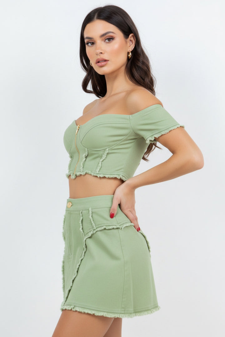 COLOR DENIM CROP TOP & MINI SKIRT SET