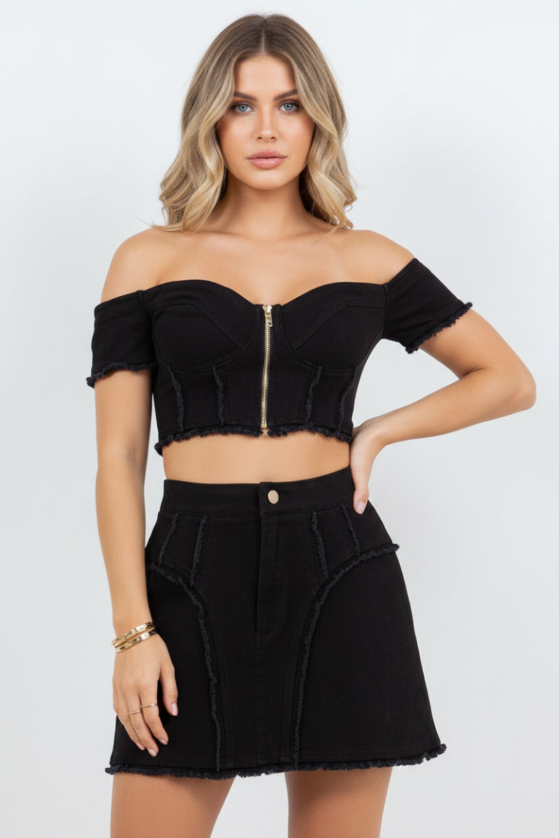COLOR DENIM CROP TOP & MINI SKIRT SET