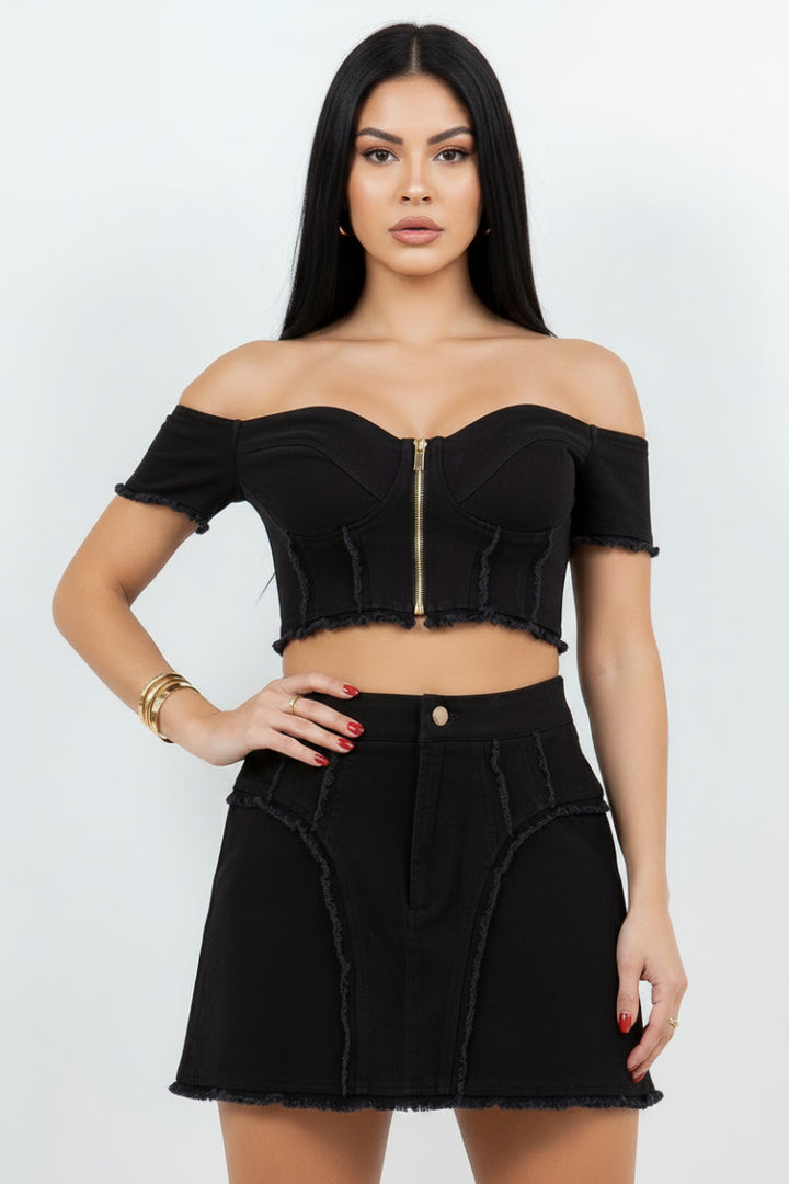 COLOR DENIM CROP TOP & MINI SKIRT SET