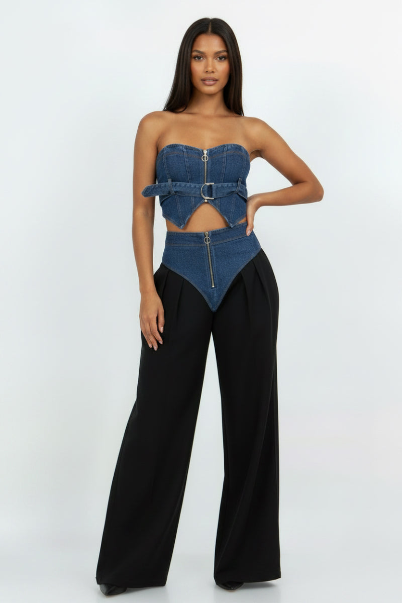 DENIM BANDEAU TOP & DENIM CONTRAST TRACK PANTS