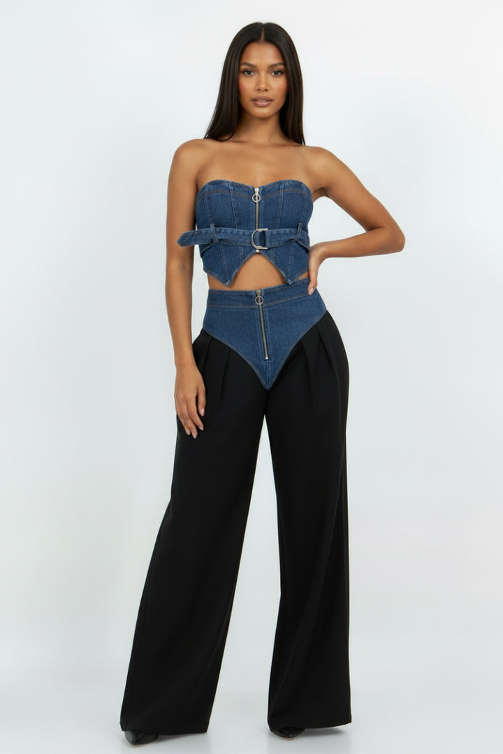 DENIM BANDEAU TOP & DENIM CONTRAST TRACK PANTS