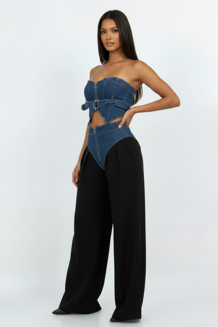 DENIM BANDEAU TOP & DENIM CONTRAST TRACK PANTS