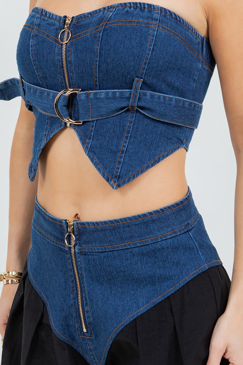 DENIM BANDEAU TOP & DENIM CONTRAST TRACK PANTS