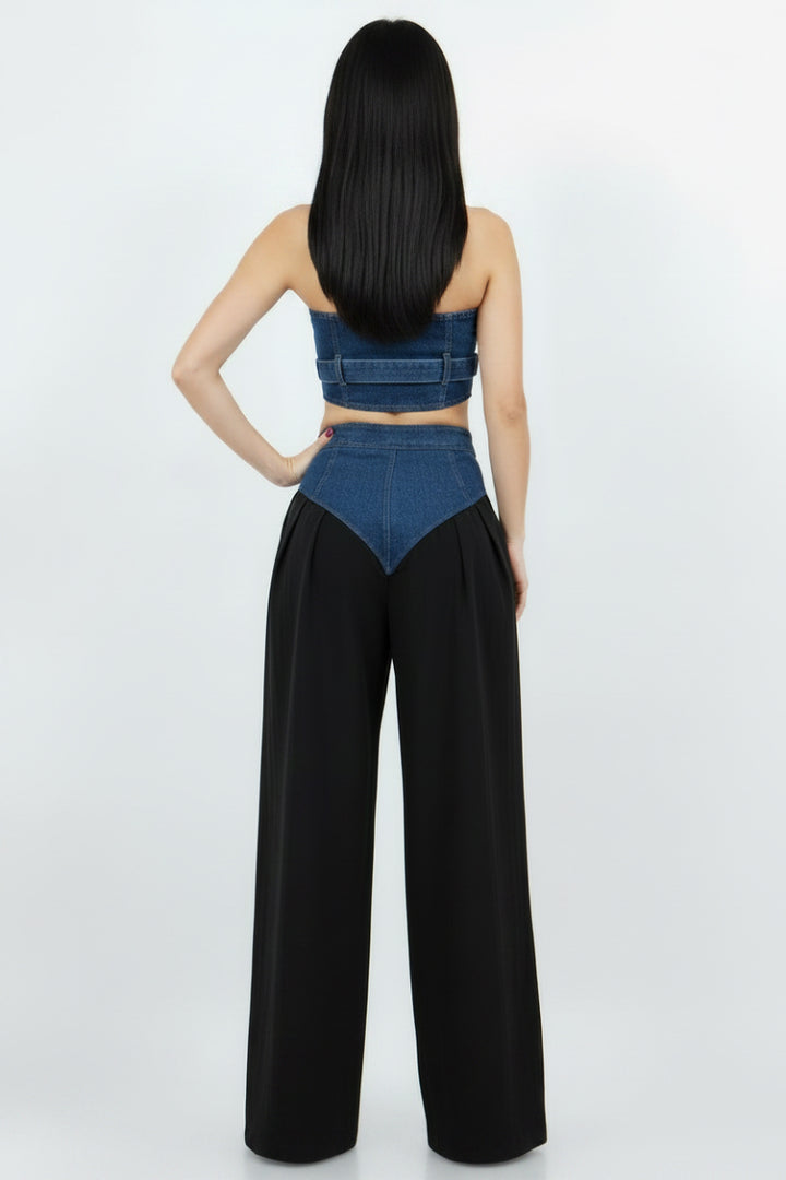 DENIM BANDEAU TOP & DENIM CONTRAST TRACK PANTS