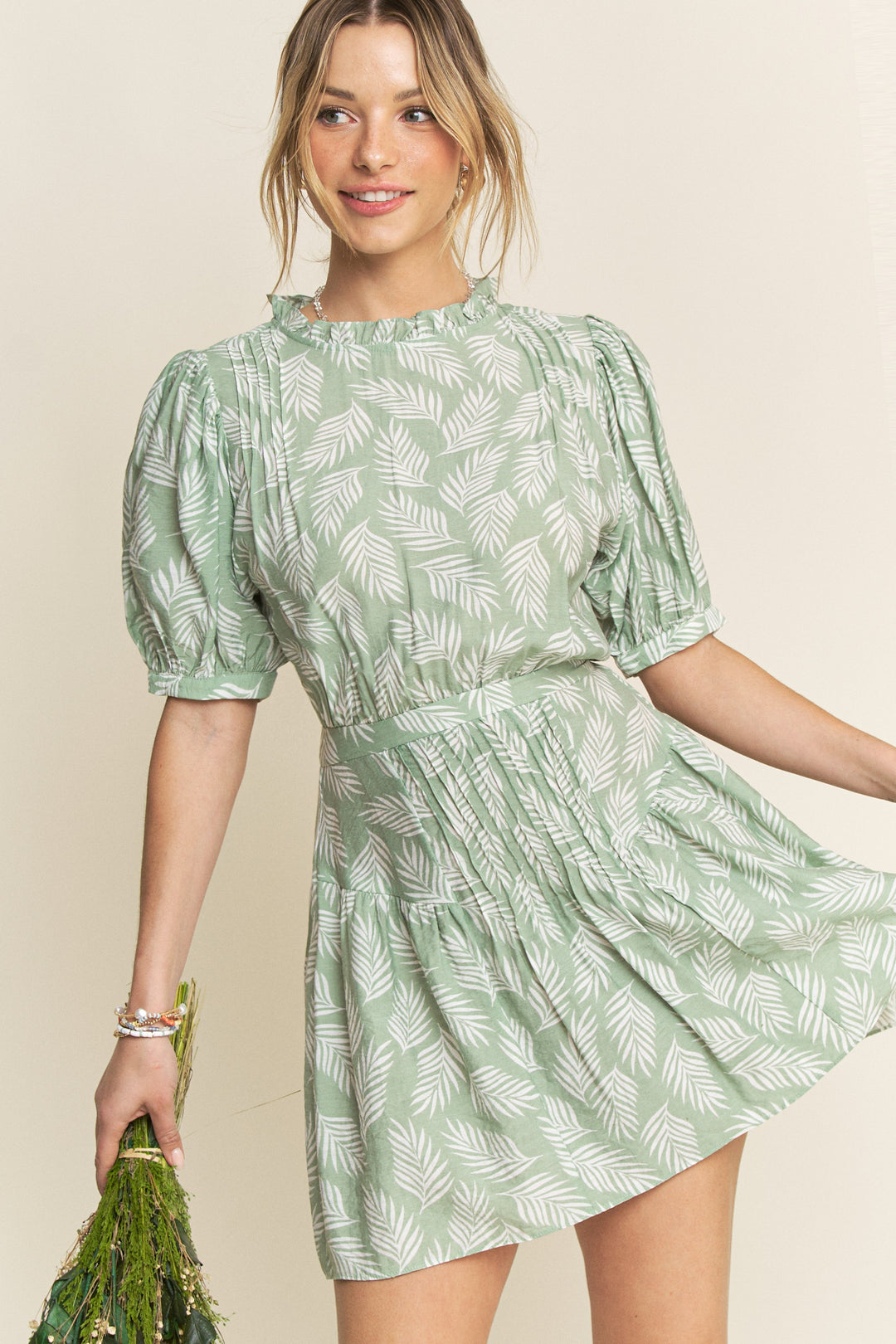 SAGE TROPICAL PRINT RUFFLED NECK PLEATED SKIRT MINI DRESS HYHD0026A