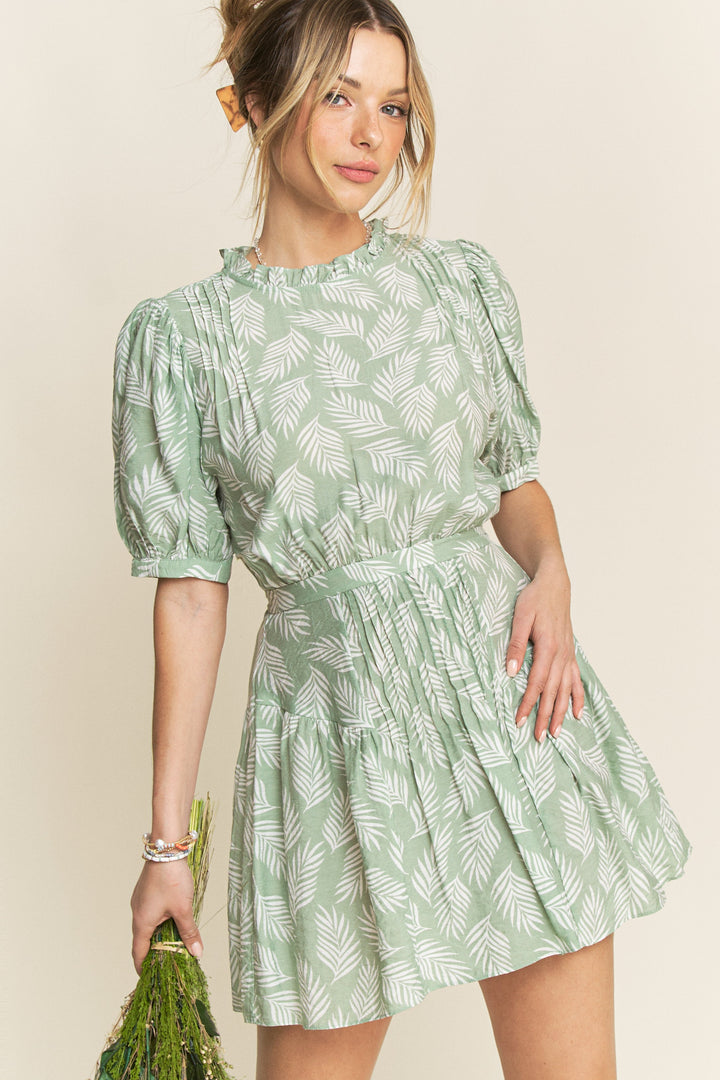 SAGE TROPICAL PRINT RUFFLED NECK PLEATED SKIRT MINI DRESS HYHD0026A