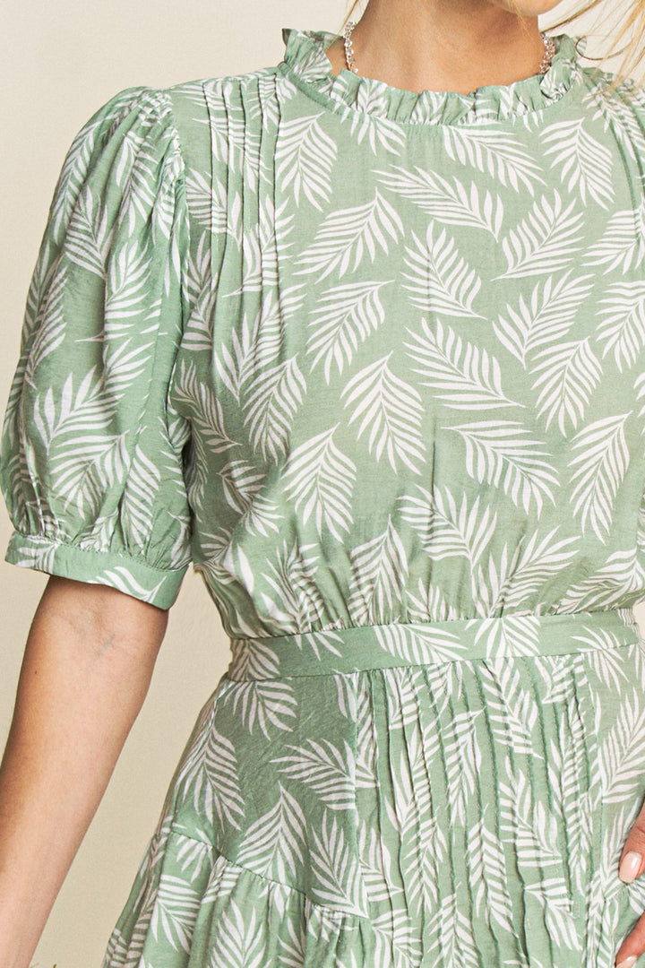 SAGE TROPICAL PRINT RUFFLED NECK PLEATED SKIRT MINI DRESS HYHD0026A