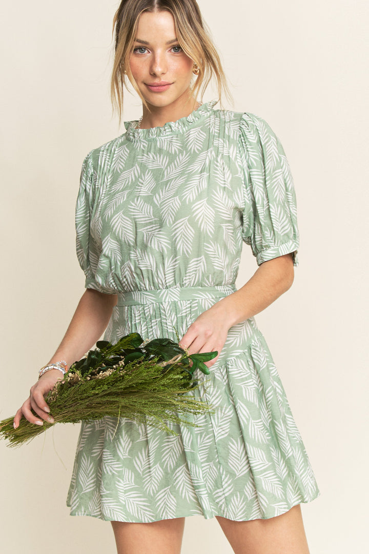 SAGE TROPICAL PRINT RUFFLED NECK PLEATED SKIRT MINI DRESS HYHD0026A