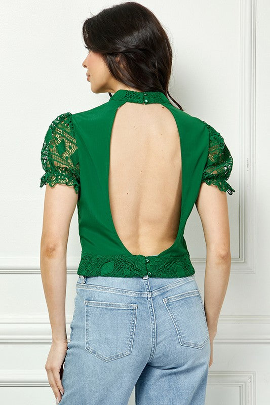 GREEN LACE MOCK NECK SHORT SLEEVES OPEN BACK BLOUSE TOP AVT10530K