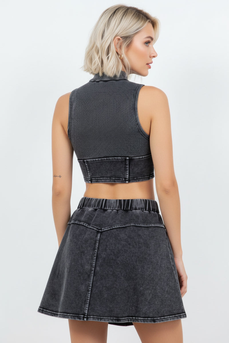 MINERAL WASH CROP TOP & MINI SKIRT SET