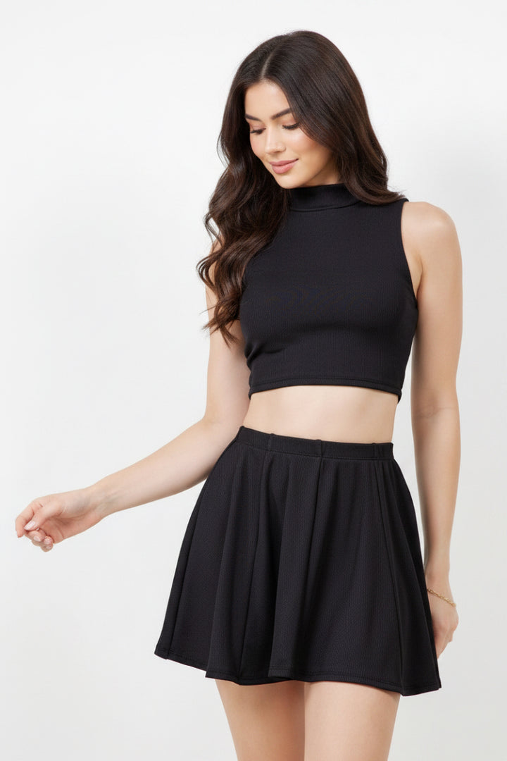 MOCK NECK CROP TOP & FLARE MINI SKIRT SET-SLKSD3620