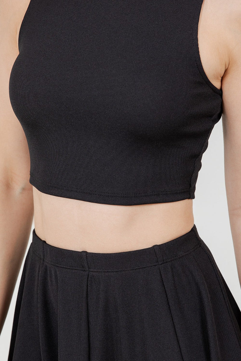 MOCK NECK CROP TOP & FLARE MINI SKIRT SET-SLKSD3620