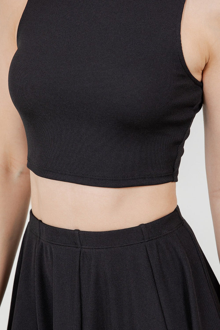 MOCK NECK CROP TOP & FLARE MINI SKIRT SET-SLKSD3620