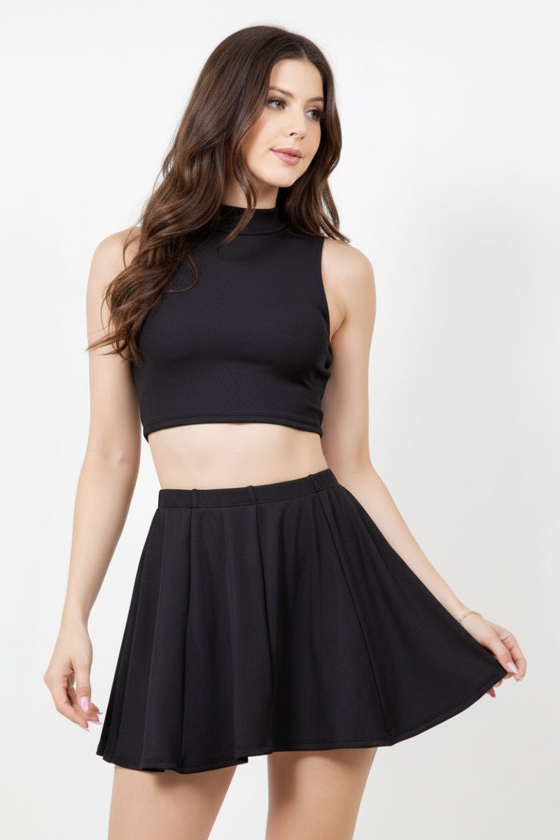 MOCK NECK CROP TOP & FLARE MINI SKIRT SET-SLKSD3620