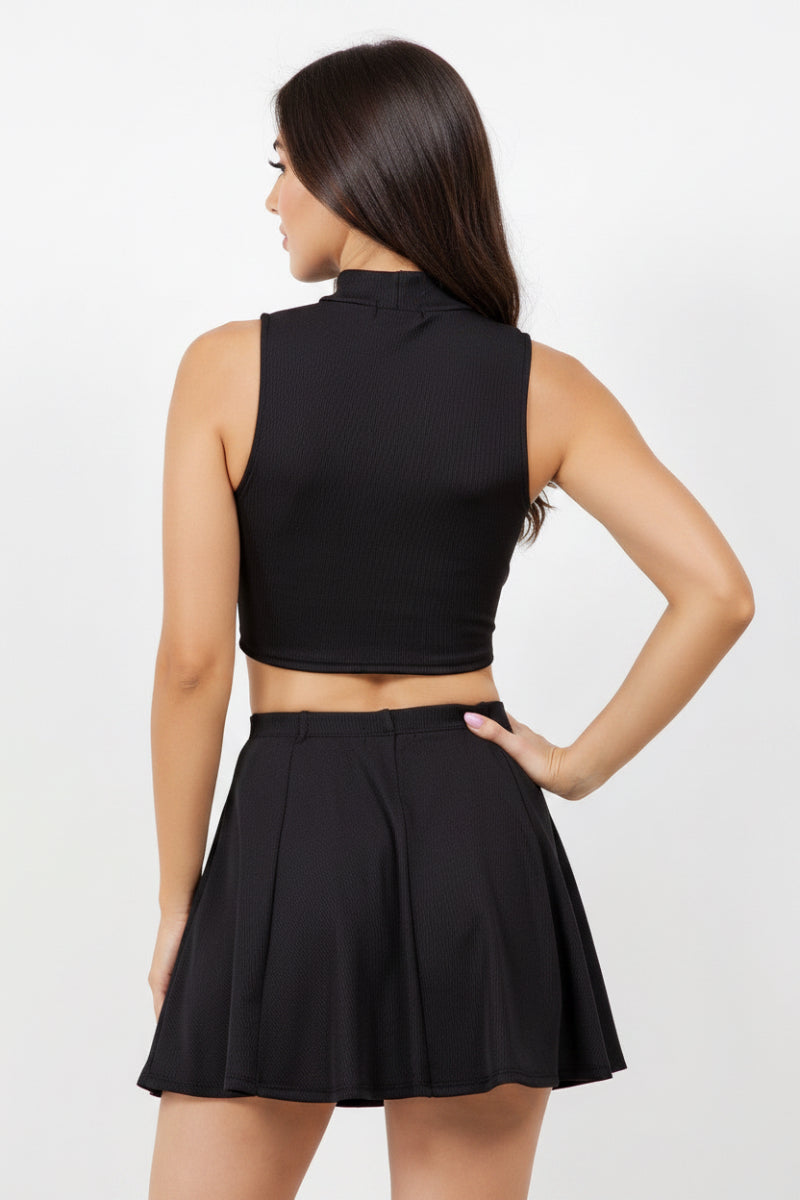 MOCK NECK CROP TOP & FLARE MINI SKIRT SET-SLKSD3620