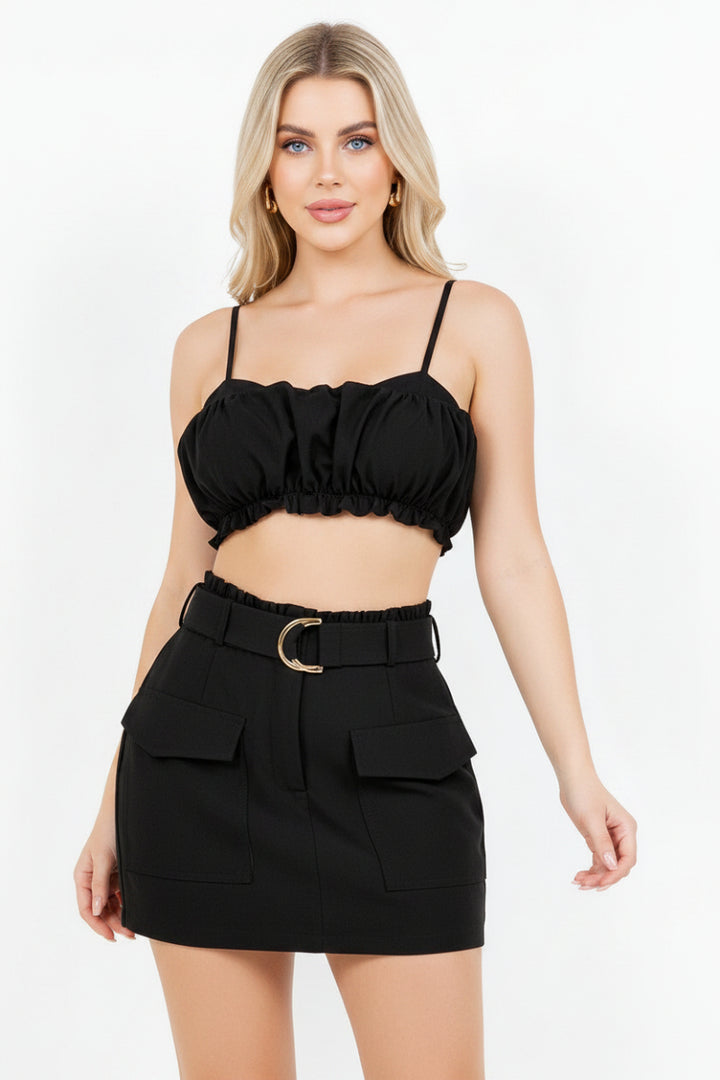 RUFFLE TRIM RUCHED CROP TOP & SKIRT SET-SLISD3127