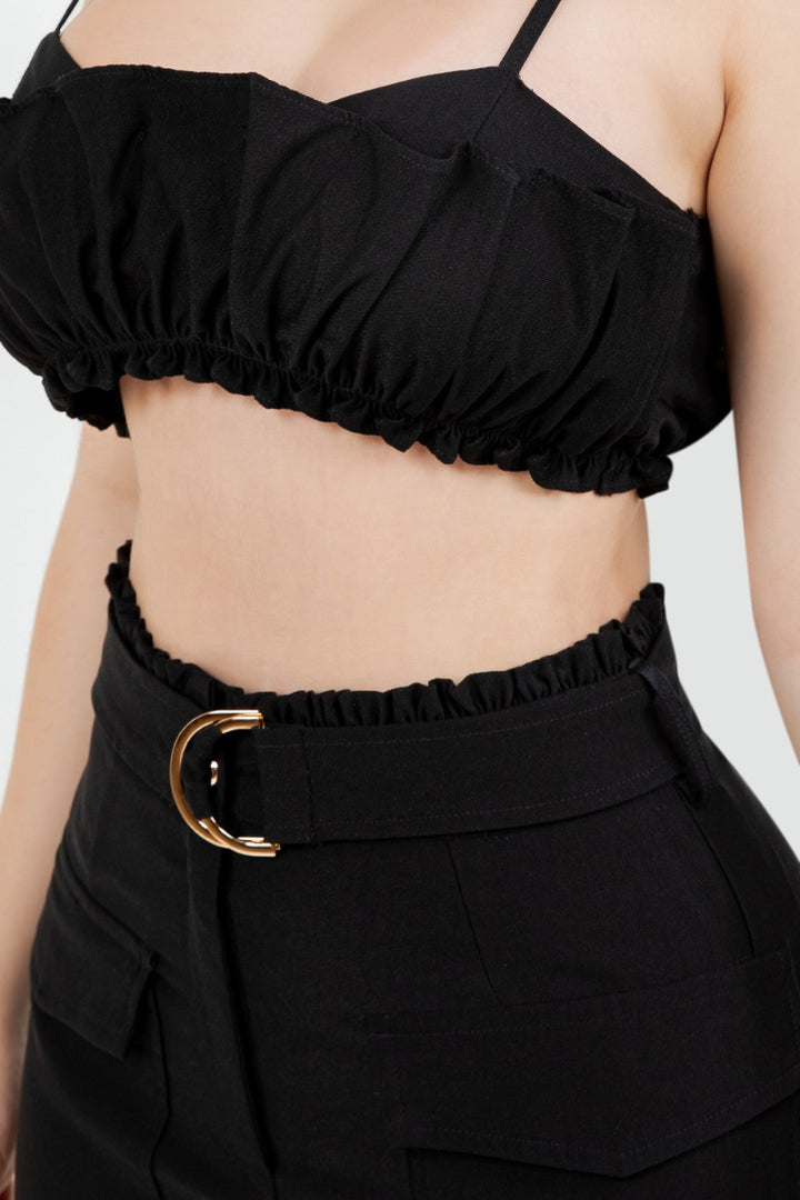 RUFFLE TRIM RUCHED CROP TOP & SKIRT SET-SLISD3127