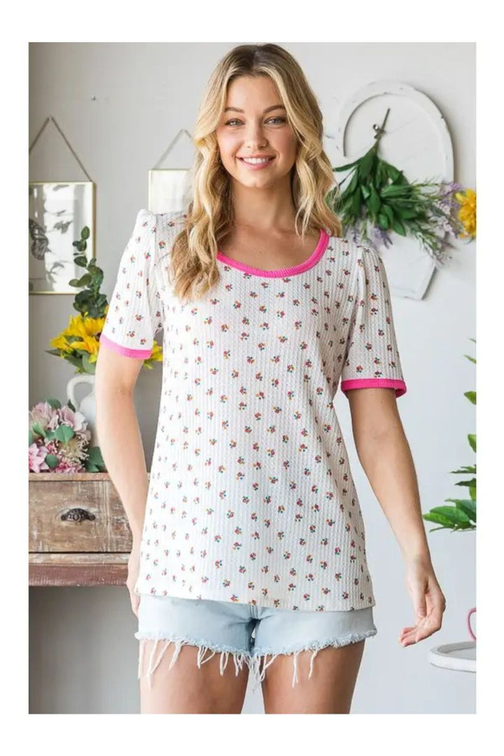 IVORY FLORAL PRINT SHIRRING ROUND NECK TOP HMET7144-15