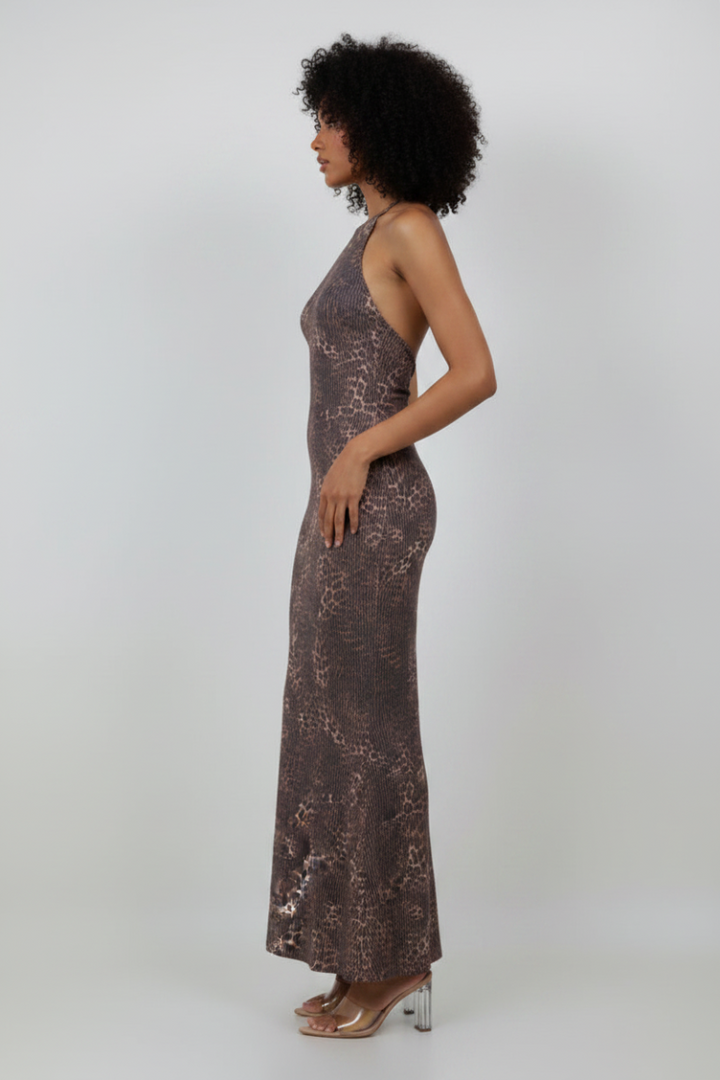 LEOPARD PRINT CORDUROY HALTER NECK DRESS-SLKSD3711