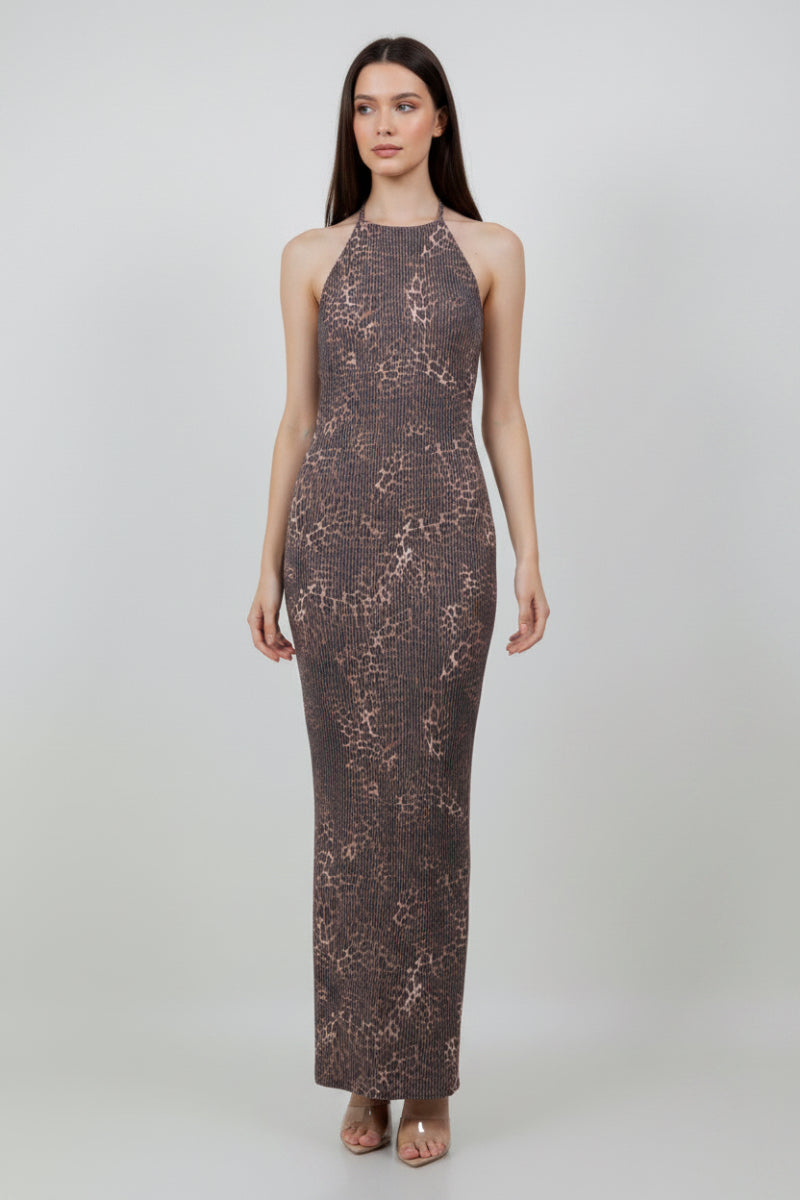 LEOPARD PRINT CORDUROY HALTER NECK DRESS