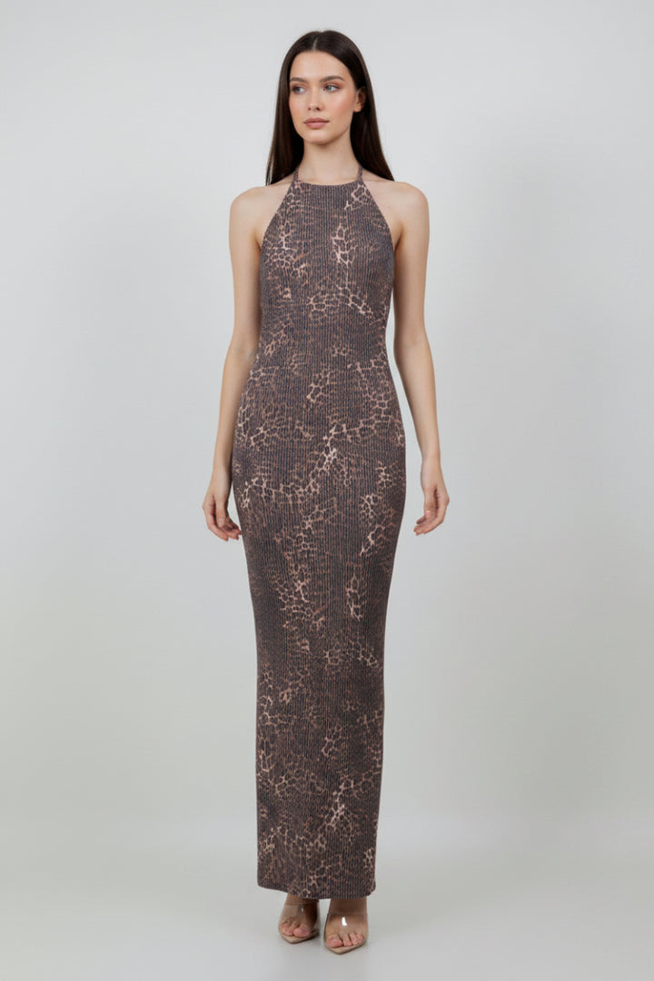 LEOPARD PRINT CORDUROY HALTER NECK DRESS-SLKSD3711