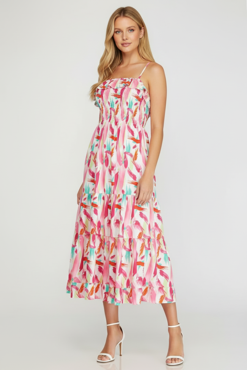 PINK RUFFLED TIERED TUBE WOVEN MIDI DRESS SKSY6642-