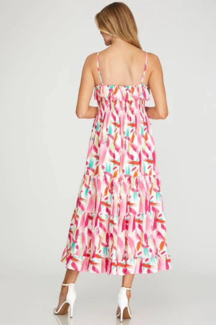 PINK RUFFLED TIERED TUBE WOVEN MIDI DRESS SKSY6642-