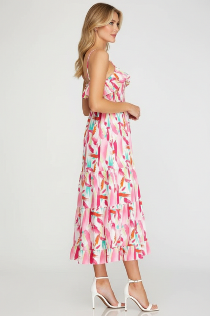 PINK RUFFLED TIERED TUBE WOVEN MIDI DRESS SKSY6642-