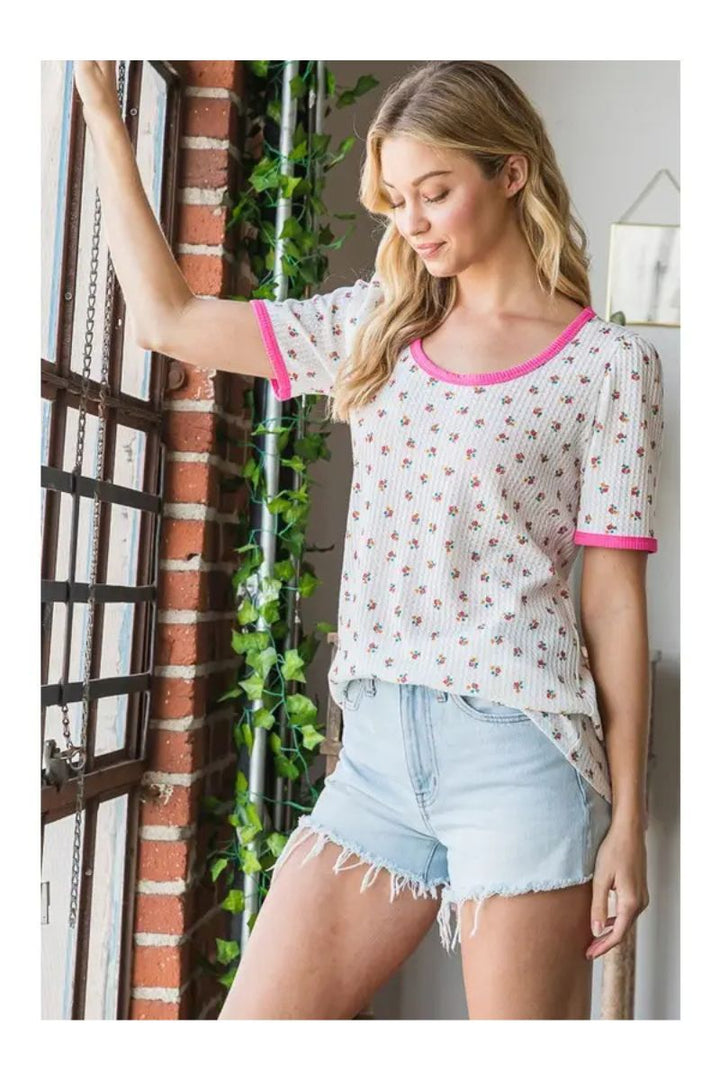 IVORY FLORAL PRINT SHIRRING ROUND NECK TOP HMET7144-15