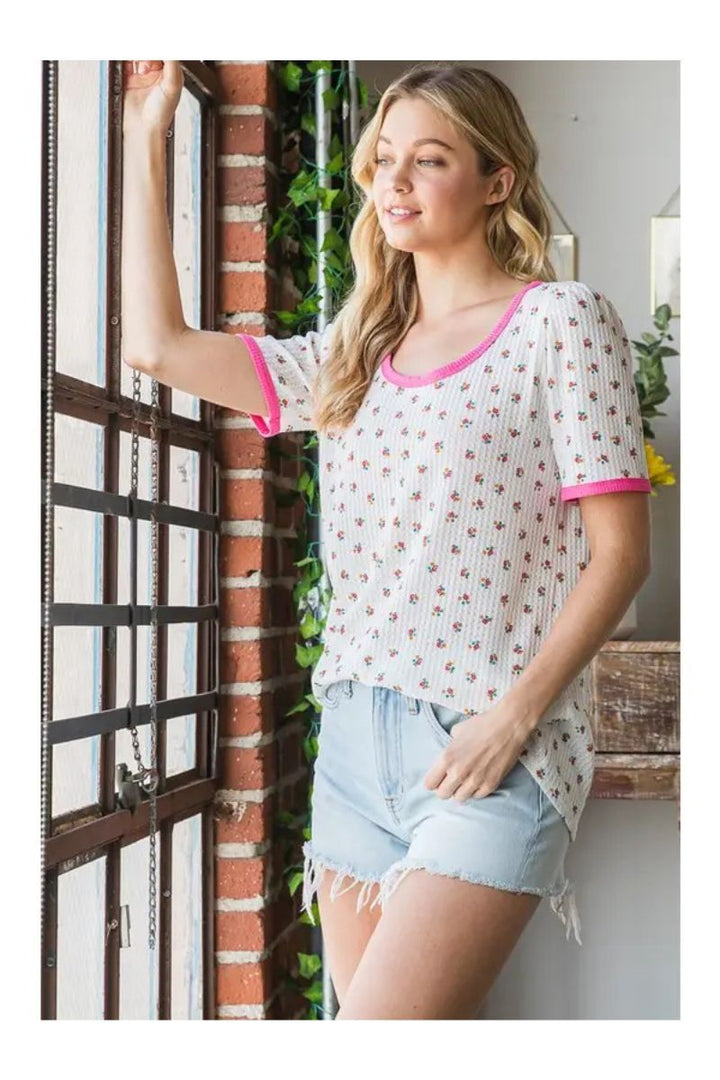 IVORY FLORAL PRINT SHIRRING ROUND NECK TOP HMET7144-15
